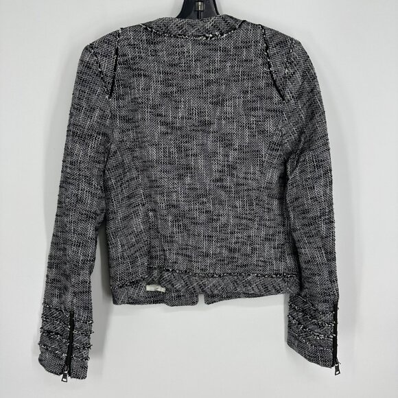 3/$25 Banana Republic Tweed Blazer Jacket 2 Fringe Trim Zip Up Collarless Black - Picture 2 of 8